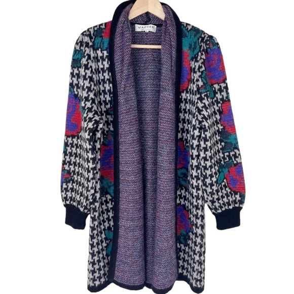 Vintage Cardigan Sweater Duster Houndstooth Mohair Wool Black Purple Size Small - Picture 8 of 8